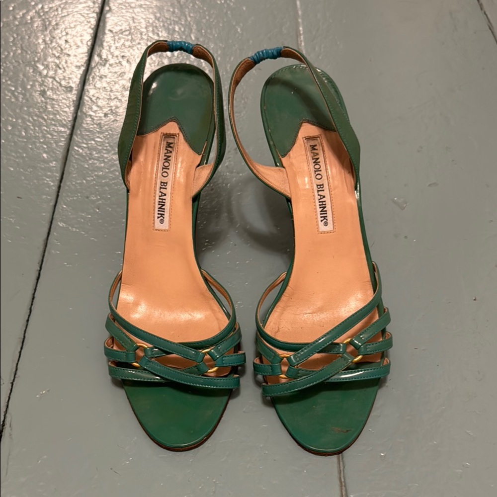 Manolo Blahnik Green Heels with Gold Accents